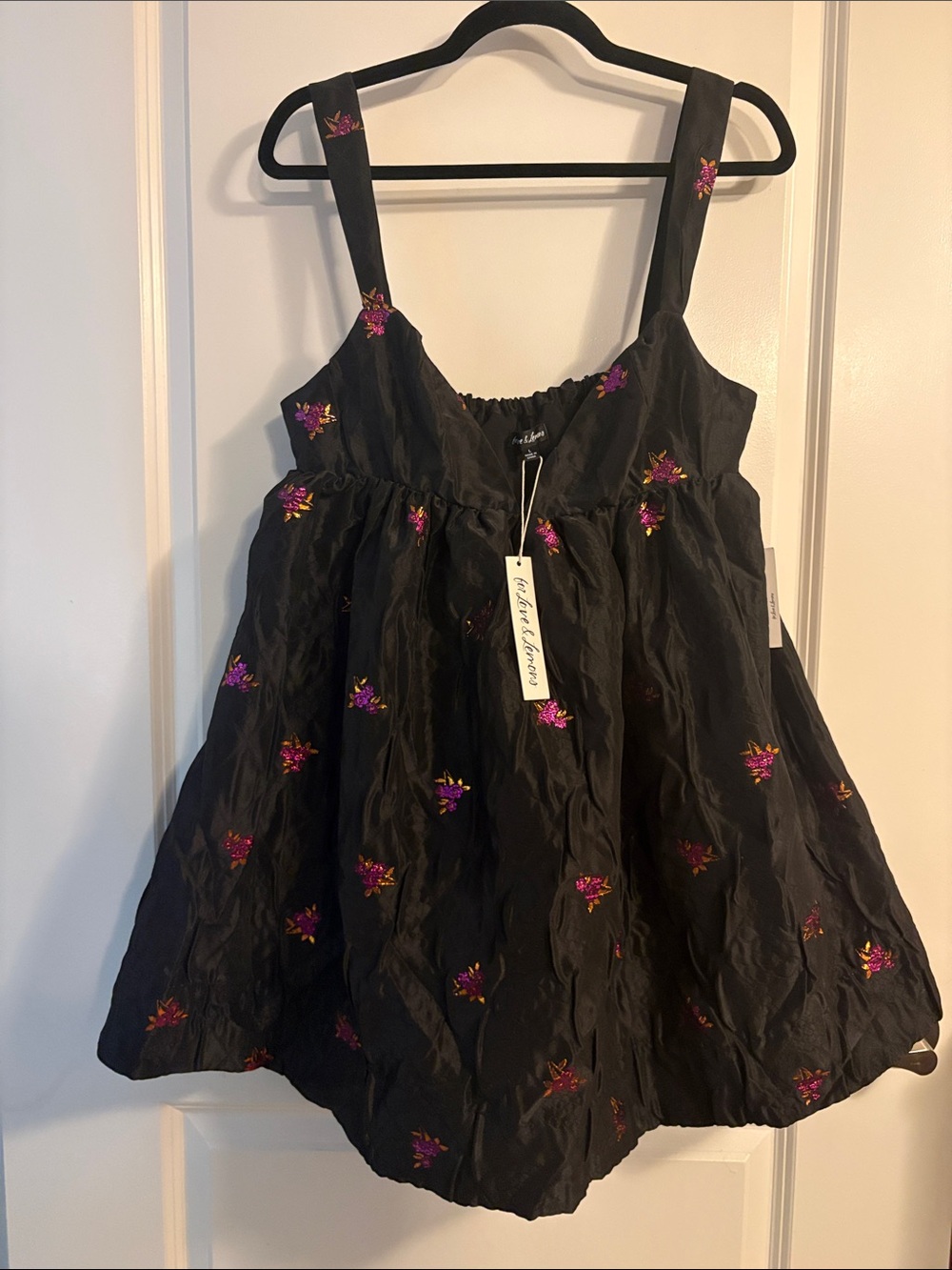 For Love And Lemons Black Mini Bubble Dress with Pink & Gold Embroidered Flowers - Picture 1 of 7